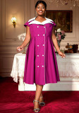 Plus Women Rose Color Block Turndown Collar Elegant Formal Party Dress