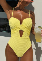 Women Bikini Yellow Striped Lace-Up One-Piece Swimwear