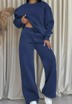 Women Autumn/Winter Solid Round Neck Top and Wide-Leg Pants Two-Piece Set