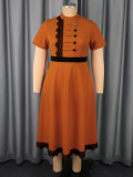 Plus Size Women Lace Short Sleeve Patchwork Stand Collar Formal Party Dress
