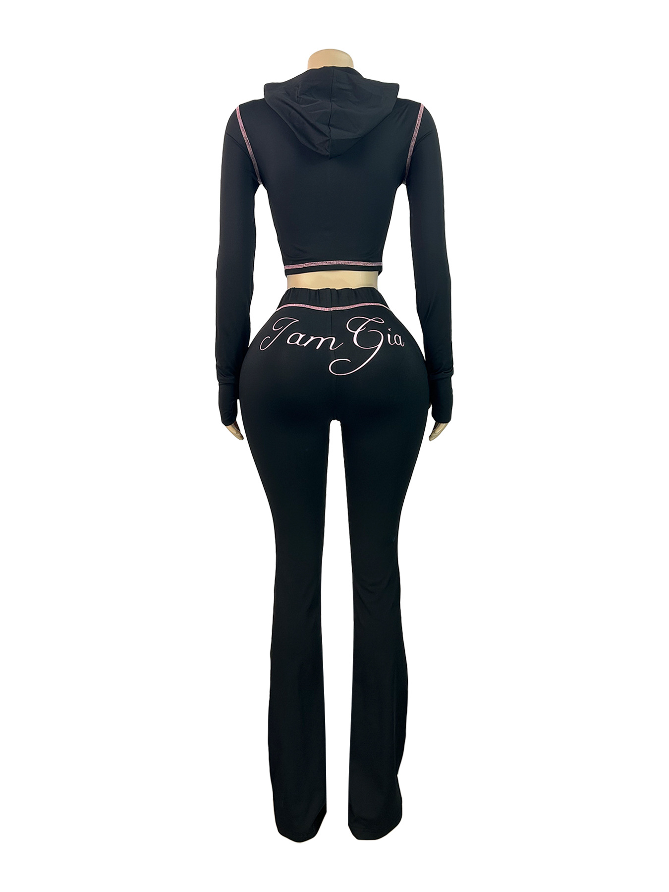 Women Printed Hooded Long-Sleeve Thumb Button Top and Pant Two-Piece Set