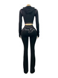 Women Printed Hooded Long-Sleeve Thumb Button Top and Pant Two-Piece Set