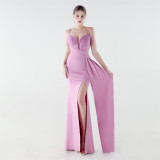 Women Sequined Chain Mermaid Slit Elegant Evening Dress
