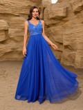 Women Elegant Sequin Patchwork Mesh Double-Neck Sleeveless Party Maxi Dress