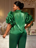 Plus Size Women Dark Green Ruffle Edge Stand Collar See-Through Shirt Top