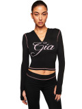 Women Printed Hooded Long-Sleeve Thumb Button Top and Pant Two-Piece Set
