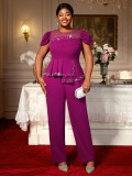 Plus Size Women Beaded Puff Sleeve Formal Party Jumpsuit