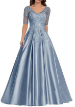 Formal Long Lace Applique Evening Gown Short Sleeve Mother of the Bride Dress（Processing time need 3-6 days）