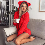 Women Solid Long-Sleeved Hooded Romper