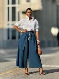 Pockets Elastic Waist Wide-Leg Denim Pants