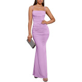 Solid Color Strap Slim Fit Dress Sexy Party Gown