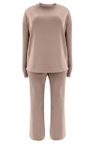 Women Autumn/Winter Solid Round Neck Top and Wide-Leg Pants Two-Piece Set