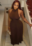 Chic Women's Slim Waist Round Neck Sleeveless Solid A-Line Long Dress