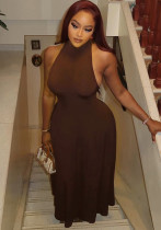 Chic Women's Slim Waist Round Neck Sleeveless Solid A-Line Long Dress