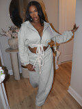 Women Casual Lace-Up Hooded Top and Wide-Leg Pants Two-Piece Set