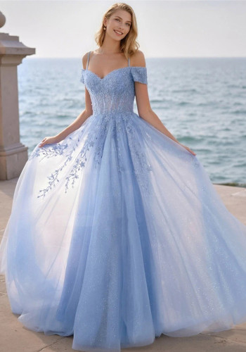 Sheer Shiny Lace Applique Strap Long Prom Gown（Processing time need 3-6 days）