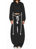 Women Casual Lace-Up Hooded Top and Wide-Leg Pants Two-Piece Set