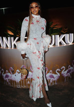 Women's Print Long Sleeve Ruched High Neck Ruffle Slit Long Dress Women's Print Long Sleeve Ruched High Neck Ruffle Slit Long Dress