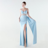 Satin & Mesh Slim Waist High-Slit Luxury Formal Party Gown