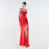 Women Sequined Chain Mermaid Slit Elegant Evening Dress