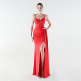 Satin & Mesh Slim Waist High-Slit Luxury Formal Party Gown