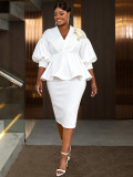 Plus Size Women White V-Neck Puff Sleeve Embroidered Ruffle Top and Skirt Two-Piece Set