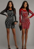Fashion Round Neck Beaded Long Sleeve Slim Fit Party Dress