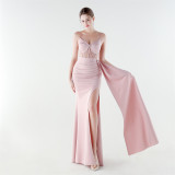 Satin & Mesh Slim Waist High-Slit Luxury Formal Party Gown