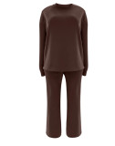 Women Autumn/Winter Solid Round Neck Top and Wide-Leg Pants Two-Piece Set