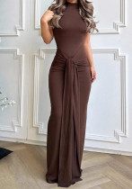 Sleeveless Mock Neck Solid Slim Waist Lace-Up Pleated High-Waist Long Dress Sleeveless Mock Neck Solid Slim Waist Lace-Up Pleated High-Waist Long Dress
