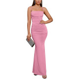 Solid Color Strap Slim Fit Dress Sexy Party Gown