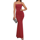 Solid Color Strap Slim Fit Dress Sexy Party Gown