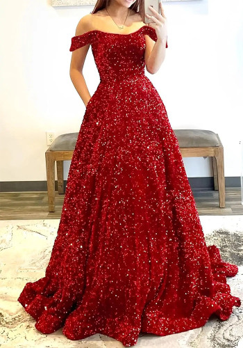 Long A-Line Ball Gown with Pockets High-Slit Shimmer Evening Dress（Processing time need 3-6 days）