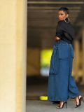 Pockets Elastic Waist Wide-Leg Denim Pants