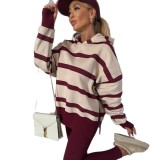 Women Autumn/Winter Casual Solid Striped Print Hoodies and Pant Two-Piece Set