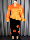 Plus Size Women Glossy Puff Sleeve Irregular Ruffle Top Floral Skirt Two-Piece Set