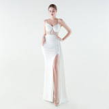 Satin & Mesh Slim Waist High-Slit Luxury Formal Party Gown
