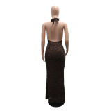 Women's Sexy Low Back Deep V Lace-Up Sequin Sleeveless Evening Dress