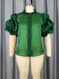 Plus Size Women Dark Green Ruffle Edge Stand Collar See-Through Shirt Top