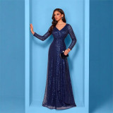 Luxury Blue Long Sleeve V-Neck Sequin Elegant Evening Gown for Weddings & Parties（Processing time need 3-6 days）