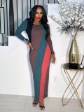 Colorblock Long Sleeve Round Neck Patchwork Slim Fit Dress