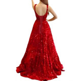 Long A-Line Ball Gown with Pockets High-Slit Shimmer Evening Dress（Processing time need 3-6 days）