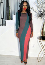 Colorblock Long Sleeve Round Neck Patchwork Slim Fit Dress