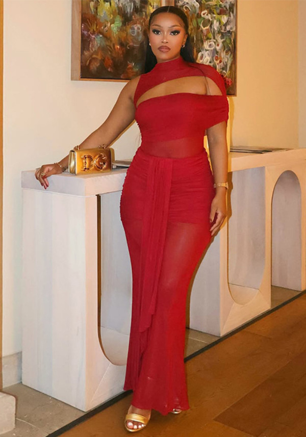 Women's Solid Color Asymmetrical Stretch Lace-Up Cutout Bodycon Long Dress