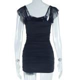 Women's Short Sleeve Ruched Patchwork Solid Strapless Bodycon Mini Dress
