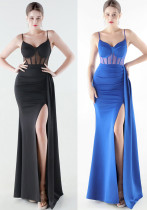 Satin & Mesh Slim Waist High-Slit Luxury Formal Party Gown