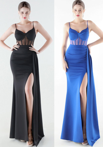 Satin & Mesh Slim Waist High-Slit Luxury Formal Party Gown