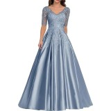 Formal Long Lace Applique Evening Gown Short Sleeve Mother of the Bride Dress（Processing time need 3-6 days）