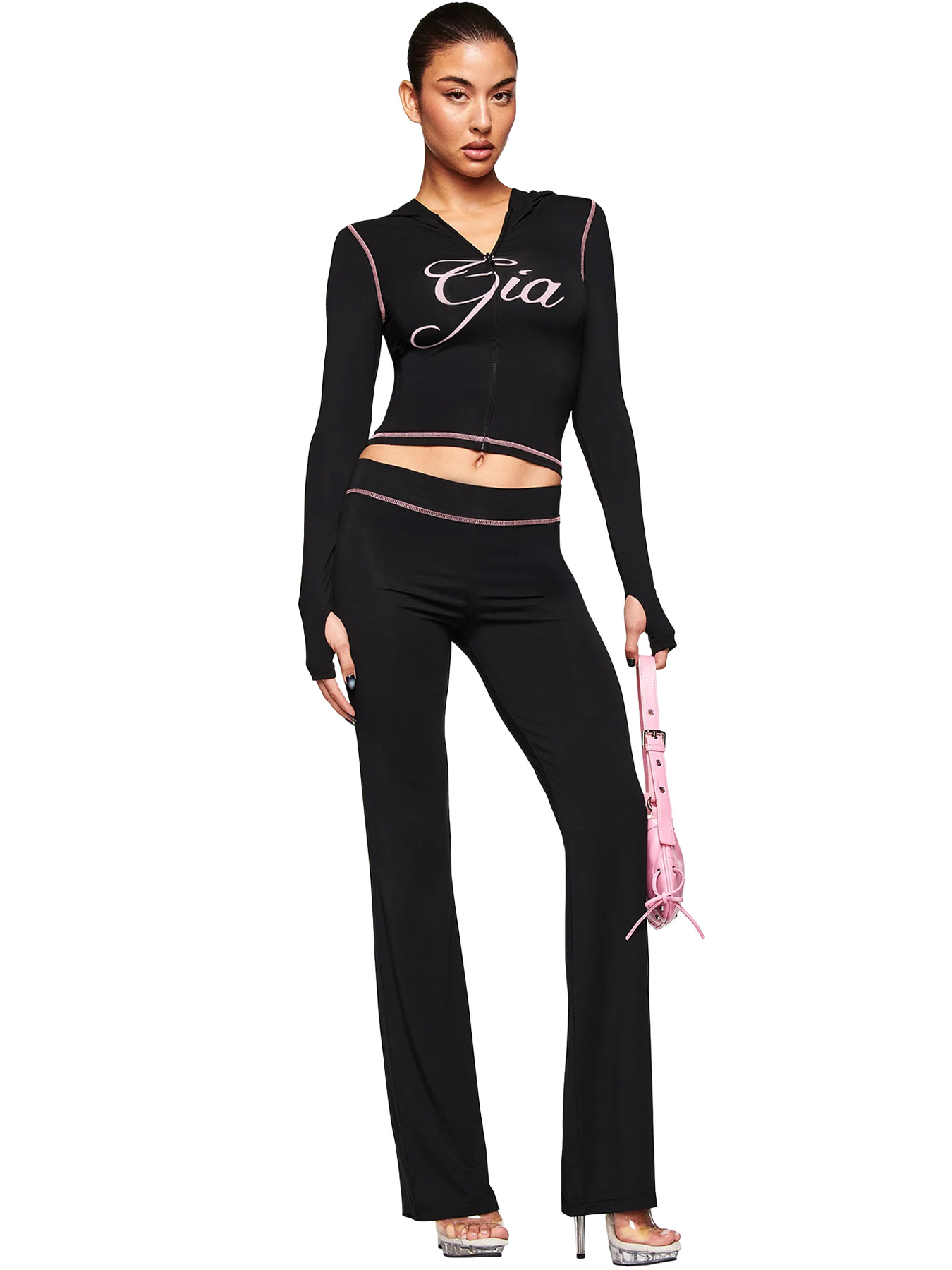 Women Printed Hooded Long-Sleeve Thumb Button Top and Pant Two-Piece Set