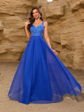 Women Elegant Sequin Patchwork Mesh Double-Neck Sleeveless Party Maxi Dress